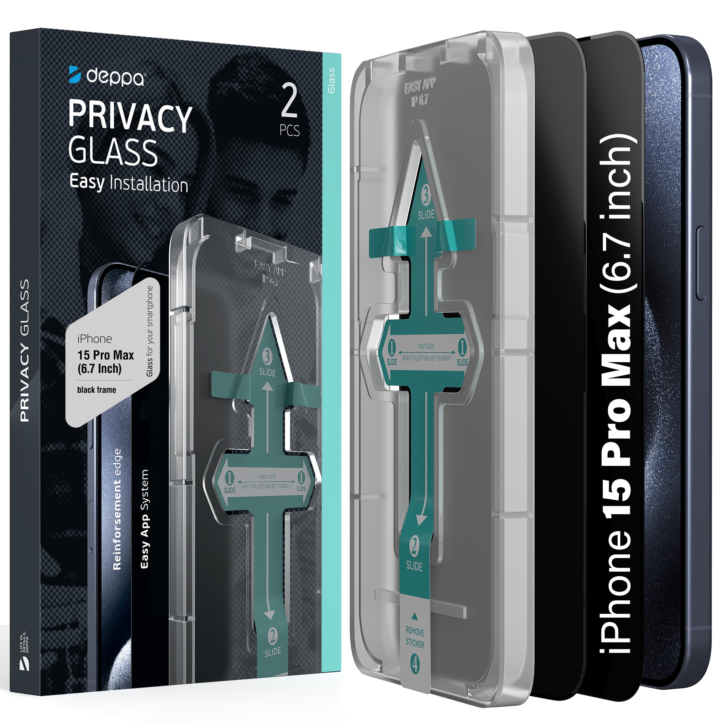 Deppa [2 Pack Premium Privacy Screen Protector for Iphone 15 Pro Max (6.7') Tempered Glass Edge to Edge Full Cover with Easy Installation Kit Tray - Anti Spy, Private, Dark, Black Film