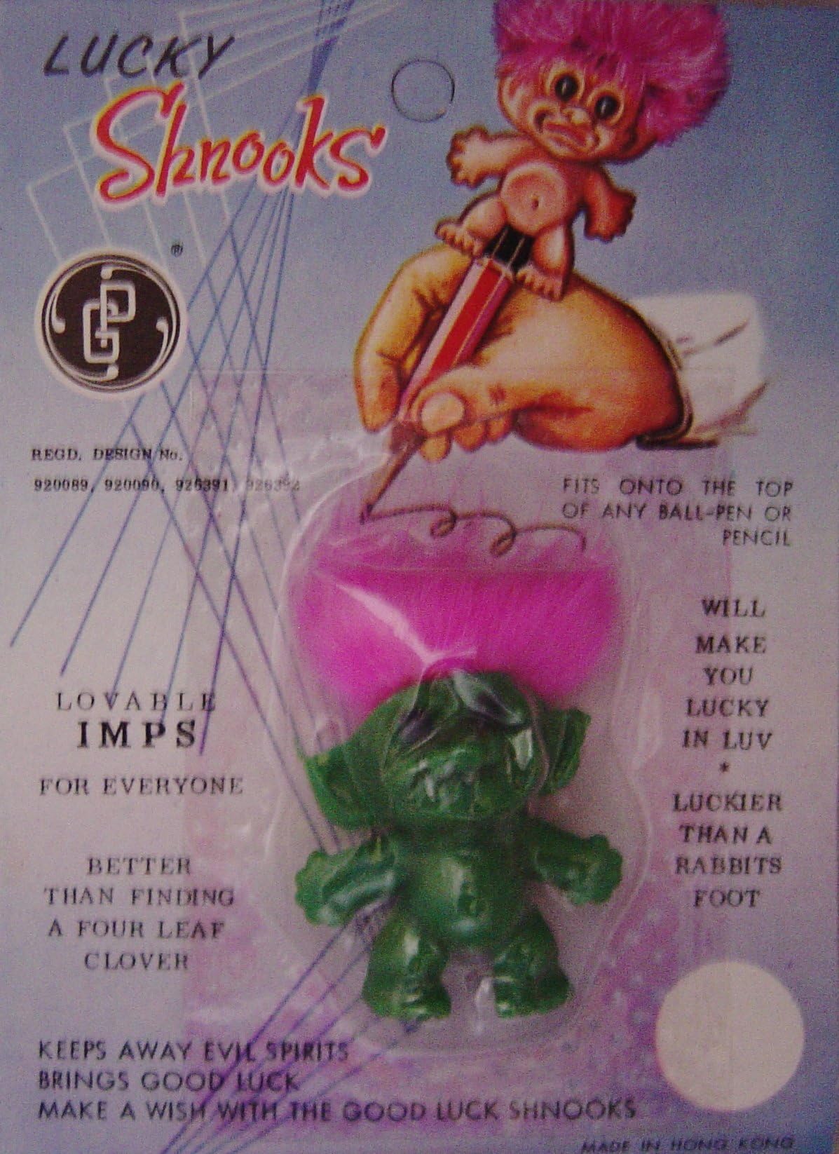 Lucky Shnooks Pencil Top 1 1/4" Vintage - Rare - New on Card - Green & Pink