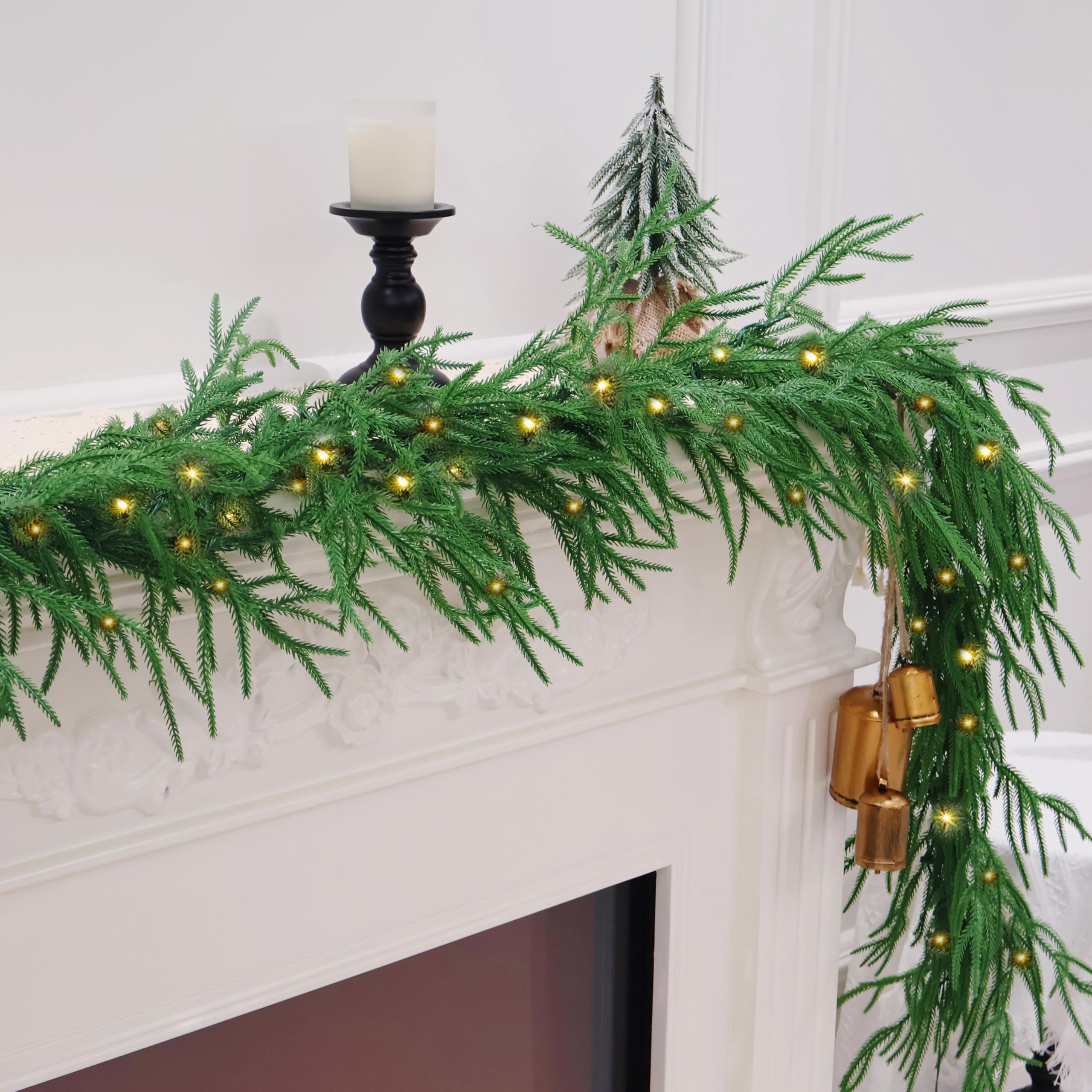 View 1 of 9FT Christmas Garland Prelit Real Touch Norfolk Pine Garland Artificial Realistic Greenery Garland for Mantle Fireplace Table Centerpiece Indoor Outdoor Home Decor