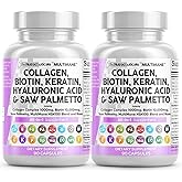 Clean Nutraceuticals Collagen Pills 1000mg Biotin 10000mcg Keratin Saw Palmetto Hyaluronic Acid - Hair Skin & Nails Vitamins & DHT Blocker (90 Count (Pack of 2))