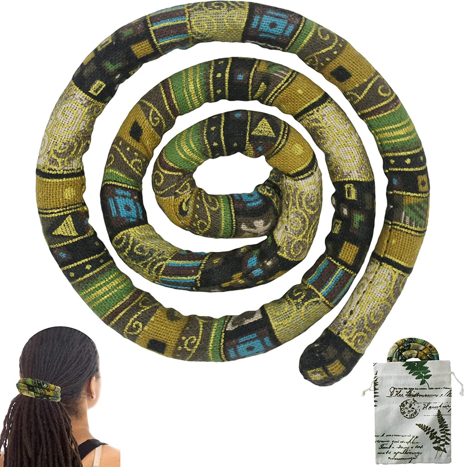 Spiral Lock Hair Tie Dreadlock Accessory Bendable Hair Ties for Women and Men Ponytail Holders Colorful Dreadlock Hair Tie Long Dreads Thick Curly Hair Holder (Green ethnic style) — image 1