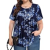 PEVRL Womens Plus Size Tops Shirts Tunic Short Sleeve Loose Fit Blouse | Summer Crew Neck Tops, Ladies Business Work Blouse, Soft Printed Tee Shirts, Pleated Front,Basic Dressy Casual