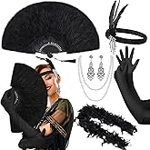 Zhanmai 7 Pcs 1920s Flapper Accessories for Women Gatsby Accessories Set Headband Earrings Necklace Gloves Marabou Feather Fan(Vintage)