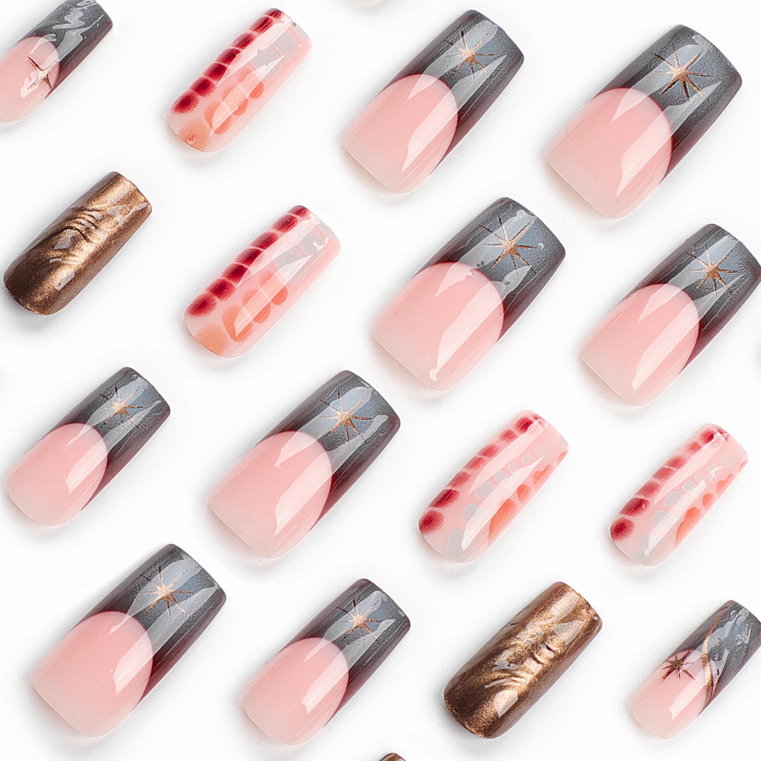 BABALAL Square Press on Nails Long Fake Nails French Tip Glue on Nails Brown Chrome Acrylic Nails 3d Water Wave Design Squoval Stick on False Nails 24Pcs Y2k Manicure Nails for Women and Girls - Image 4