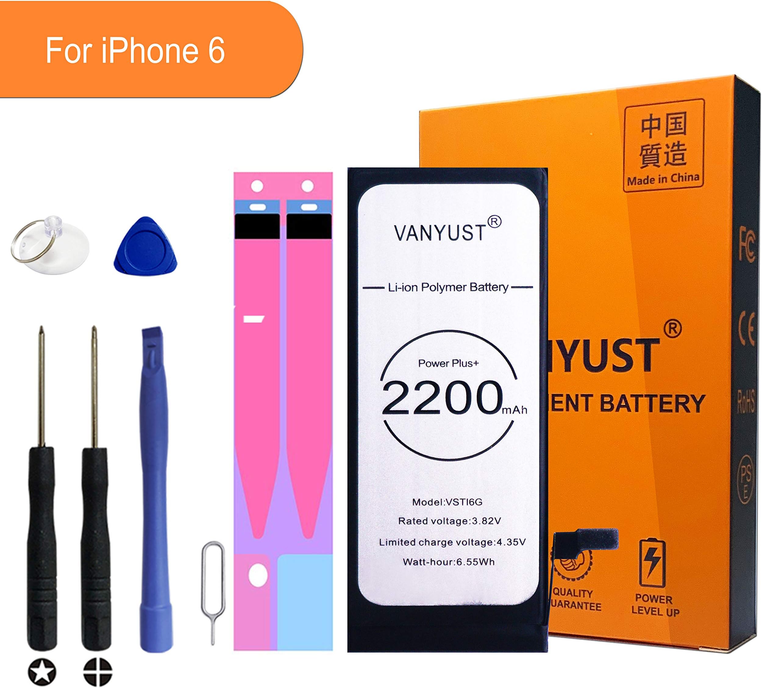 VANYUST Battery For iPhone 6 3.82V 2200mAh Li-ion Polymer Battery Compatible With iPhone 6 With Complete Repair Tool Kit + Adhesive Strips