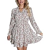 CARE LUCK Dresses for Women Long Sleeve V Neck Floral Dress Elegant Mini Dress Beach Vacation Clothes for Women Flowy Summer