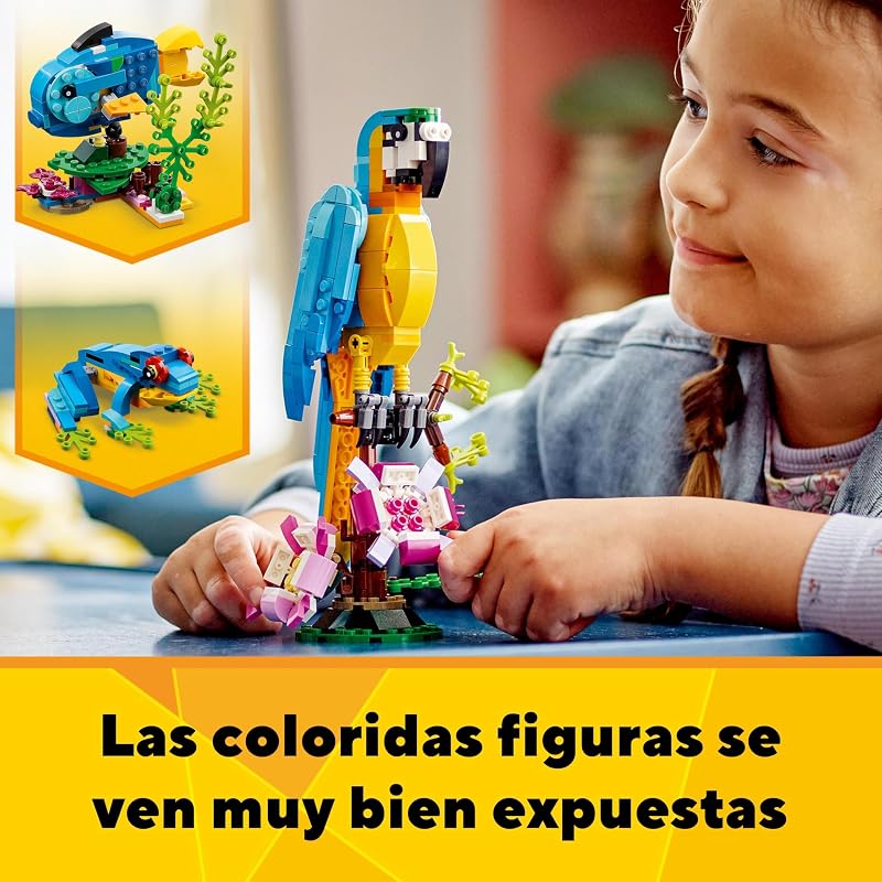 Lego 31136 creator 3 em 1 papagaio exótico, peixe ou sapo, figuras de animais de brinquedo para construir, presente para meninos e meninas de 7 anos ou mais, brincadeira criativa