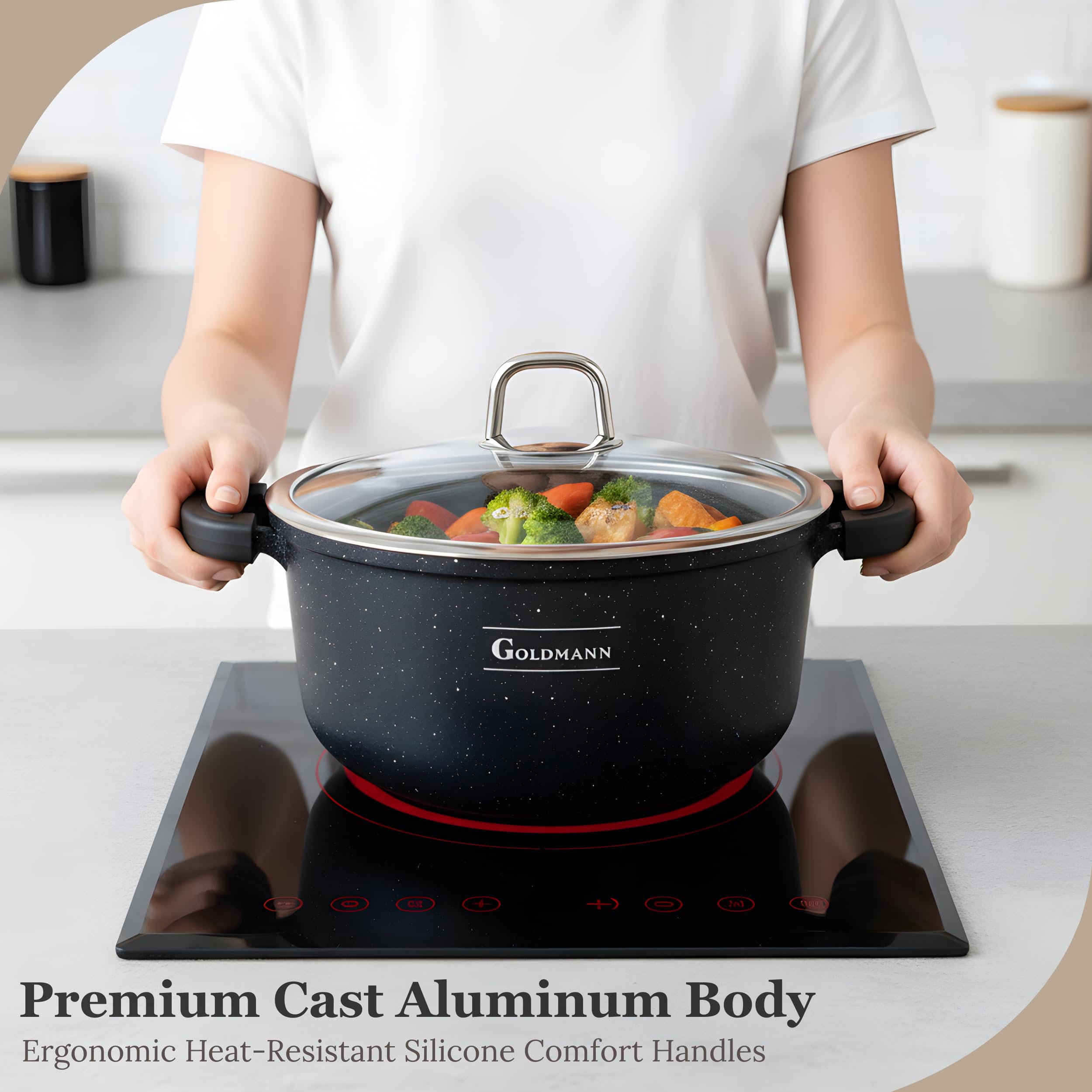 GOLDMANN Kochtopf aus Aluminiumguss, 24 cm - 4.5 L, antihaftbeschichtete Keramik-Marmor-Optik, Glasdeckel, induktions- und für alle Herdarten geeignet, ofenfest und PFOA-frei 2