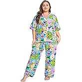 Vozanet Women's Pajamas Set Button Down Short Sleeve Shirt and Pants Soft Knit Polyester Lounge Sets Plus Size 1x to 5x