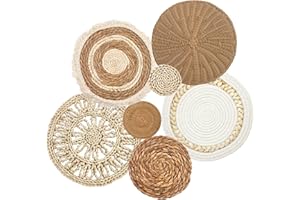 CODOHI Set of 7 Boho Wall Baskets, Wall Hanging Rattan Decor, Flat Round Woven Water Hyacinth Corn Husk Farmhouse Handmade Macrame Hanging Woven Baskets for Living Room Bedroom Dining Room Office