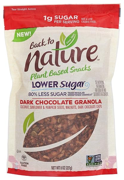 BACK TO NATURE LOWER SUGAR GRANOLA, NON-GMO DARK CHOCOLATE, 8 OUNCE