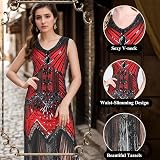 FEPITO 1920s Flapper Dress Sequin Fringe V-Neck Midi 20s Accessories Set S-XL view 3