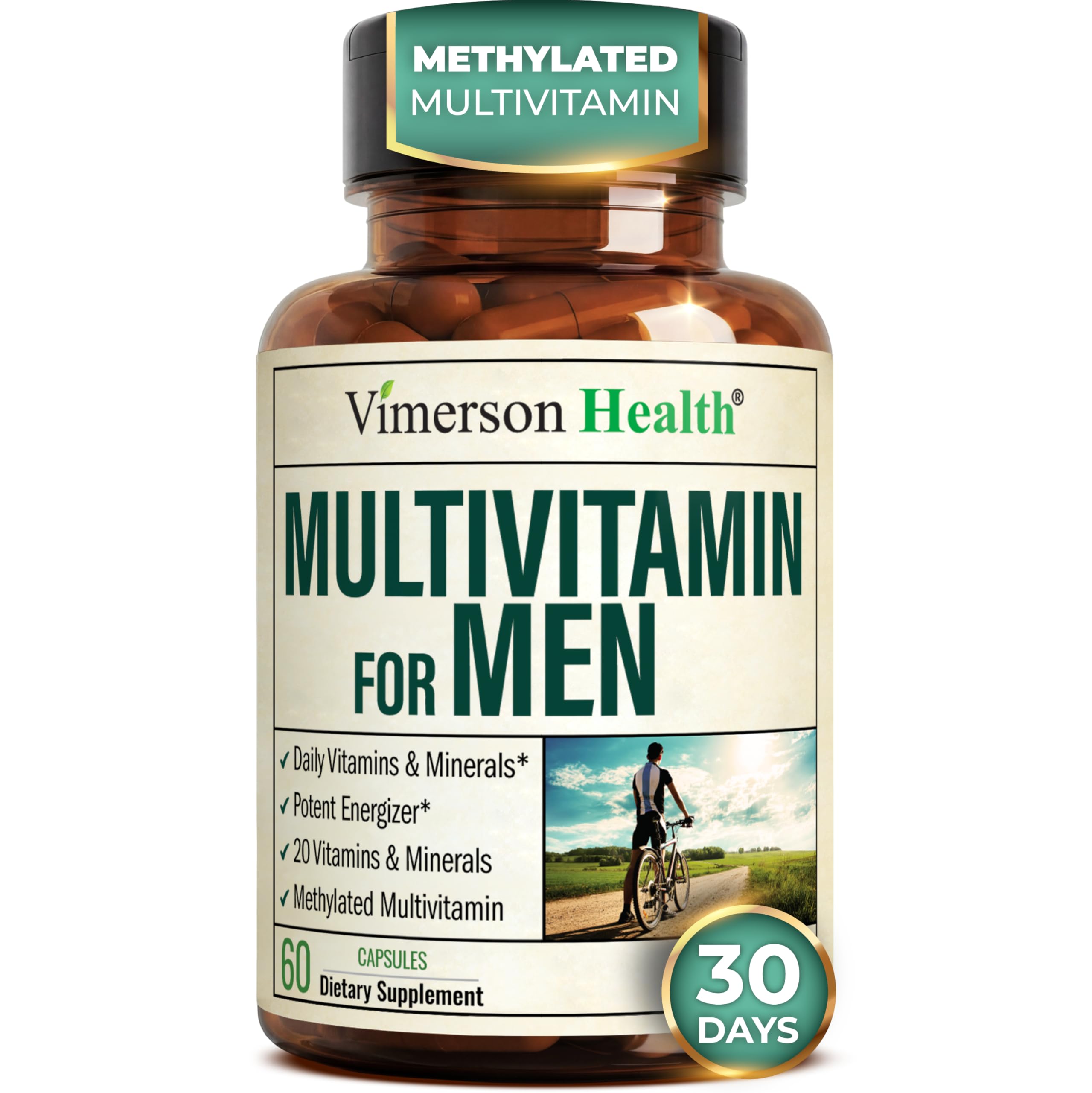 Vimerson Health Multivitamin for Men: Methylated B Vitamins, Chelated Minerals and Bioavailable D3 for Focus and Energy Support – Daily Mens Multivitamins and Multiminerals – 60 Capsules