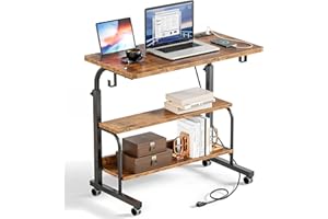 SDHYL Side Table Living Room, 31.5 inches Laptop Desk, Adjustable Work Stand Mobile Side Desk with Charging Station & Hook, P