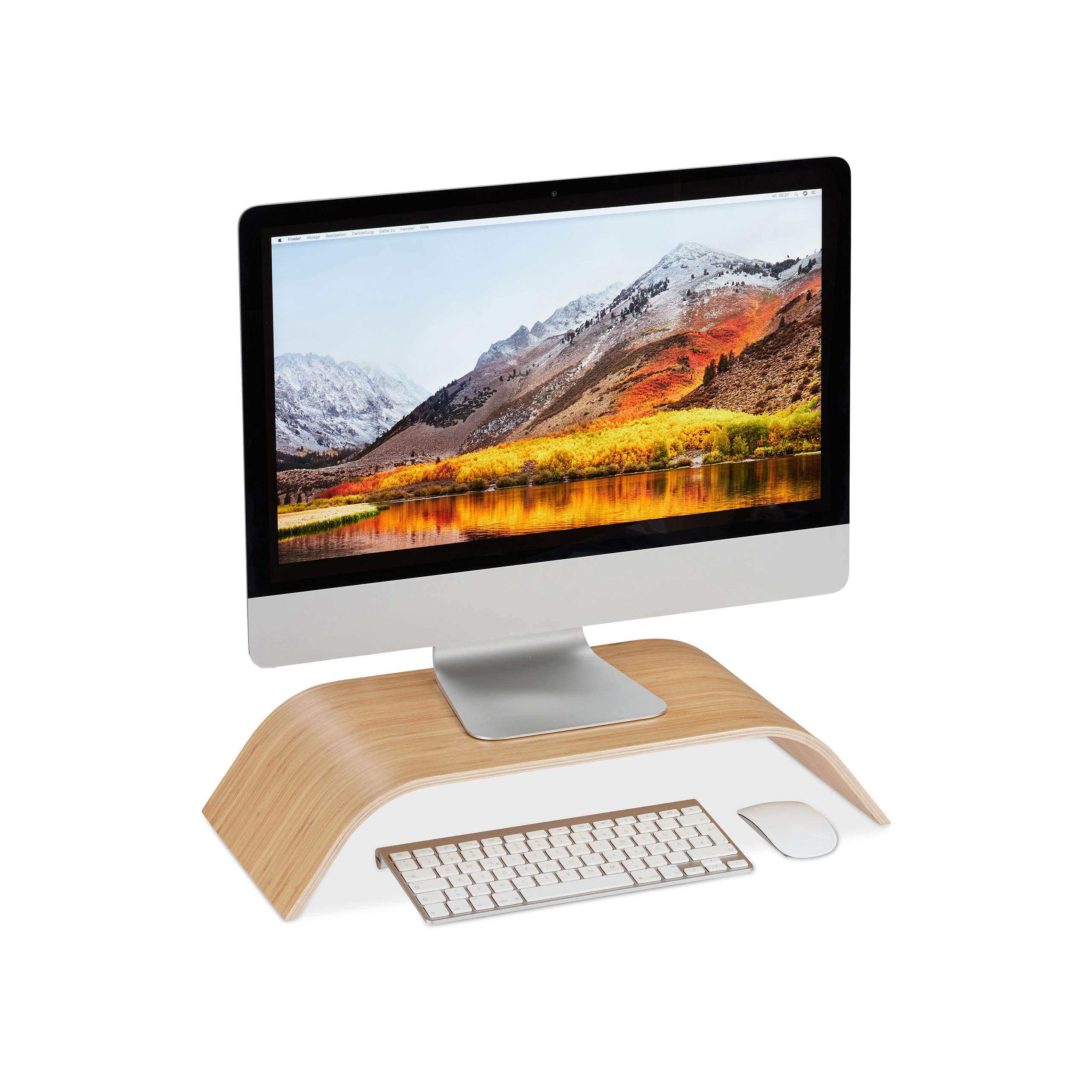 relaxdays Bamboo Display Stand, Curved Desk Display Riser, Ergonomic, HWD 10x52.5x24 cm, Natural