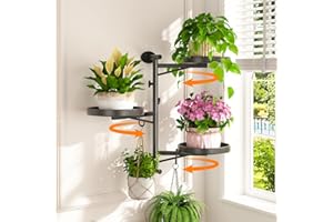 LASZOLA Rotating Wall Mount Window Plant Shelves Indoor with 2 Hanging Hooks, 3 Tier Floating Adjustable Metal Plant Holder f