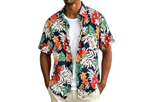 Mens Hawaiian Shirt Short Sleeve Collared Button Down Tops Tropical Floral Novelty Print T-Shirt Summer Vacation Beach Shirts