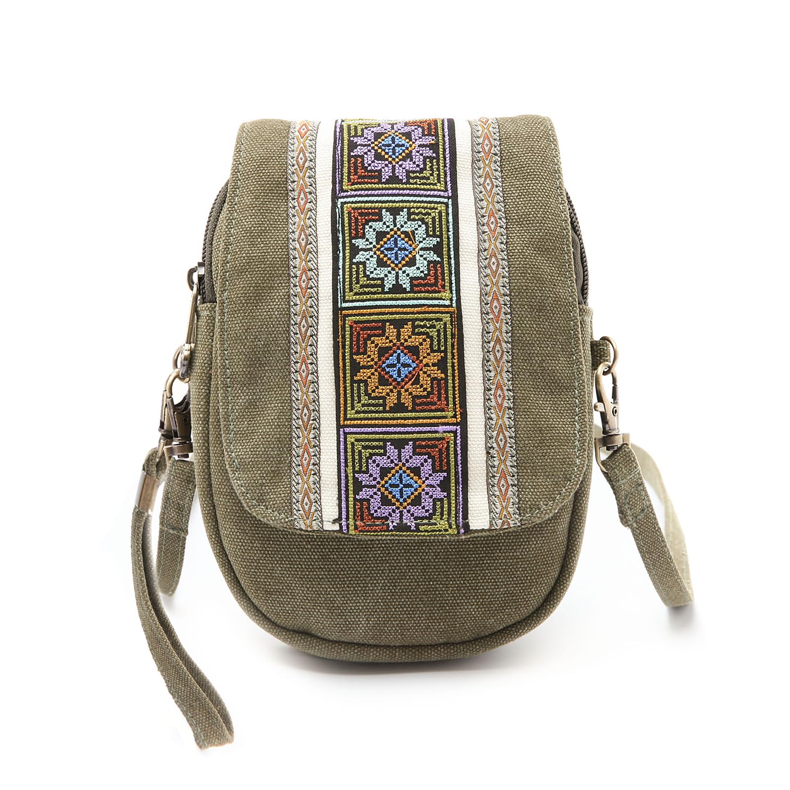 Goodhan Embroidery Canvas Crossbody Bag Cell phone Pouch Coin Purse for Women, A001 - Size Basic - Army Green, M