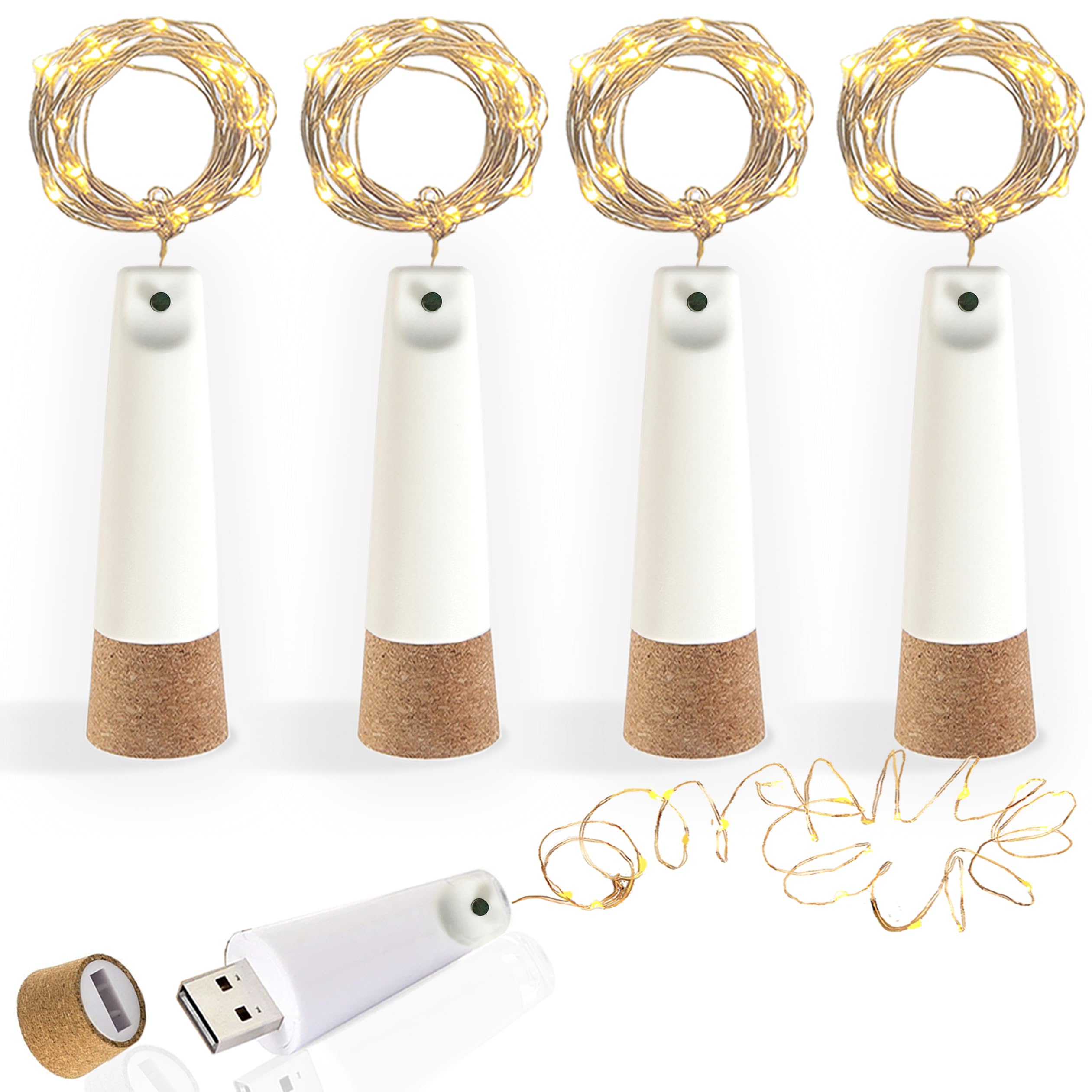 USB Rechargeable Bottle Lights, 6.6ft/2M 20 LED Cork Lights for Bottles, 8 Modes Copper Wire LED Fairy Light, Christmas DIY String Lights for Parties, Wedding, Outdoor, Jars Decor (Warm White, 4 Pcs)