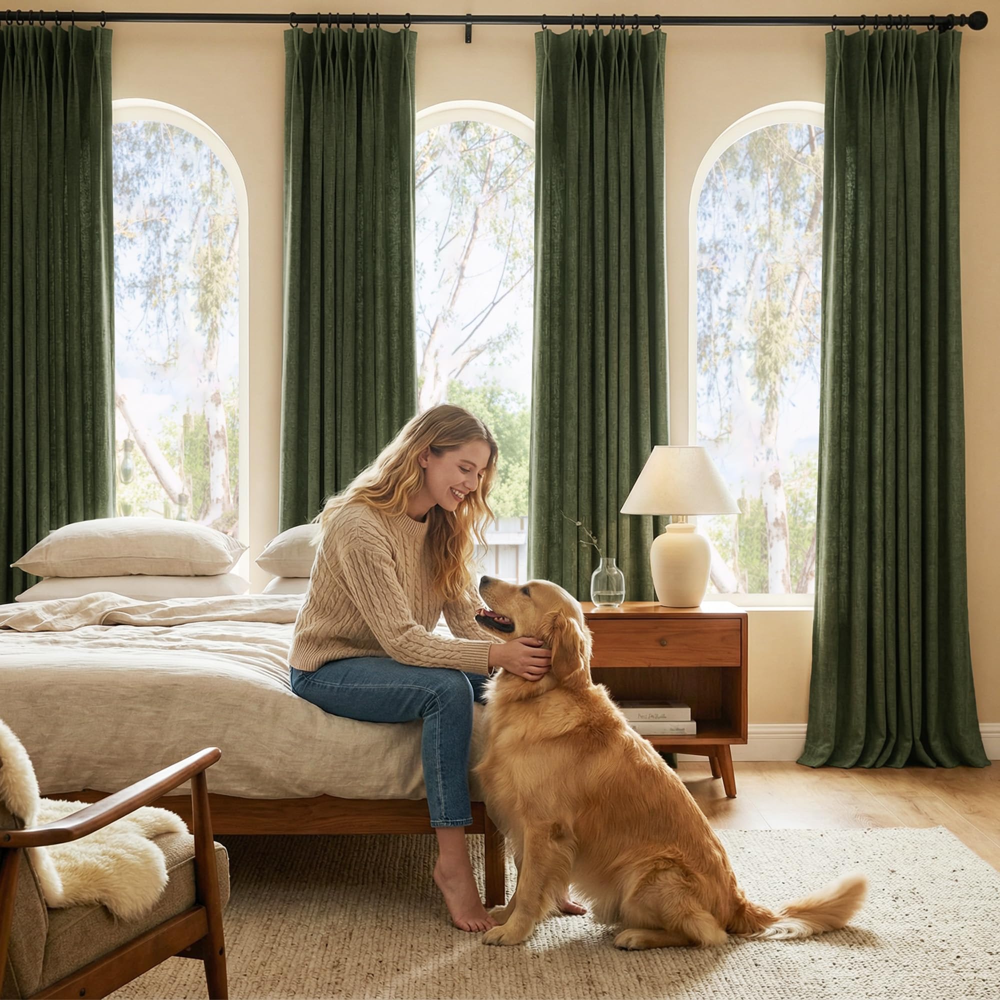 NICETOWN 395GSM Linen Pinch Pleated Vintage Olive Green Curtains 90 inch Long with Hooks - Room Darkening Wrinkle Resistant Drapes for Dining Room & Bedroom, Modern Home Decor (40