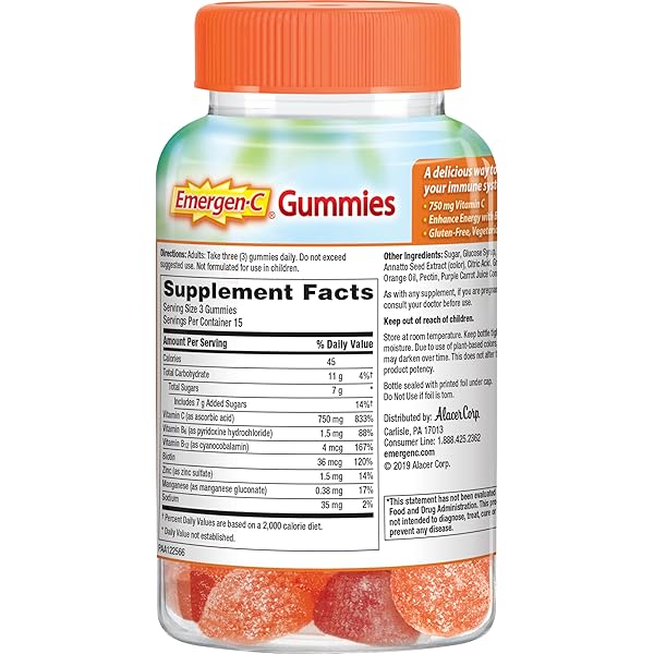 EMERGEN-C 750MG VITAMIN C GUMMIES FOR ADULTS, IMMUNITY GUMMIES WITH B VITAMINS, GLUTEN FREE, ORANGE, TANGERINE AND RASPBERRY FLAVORS, 45 COUNT (PACK OF 1)