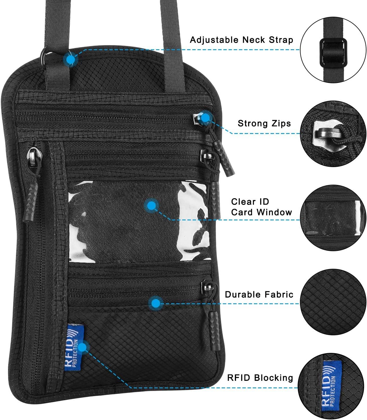  | a amvontz Travel Pouch Neck Wallet: RFID Blocking Hidden Zipper Women Men Passport Holder | Travel Wallets