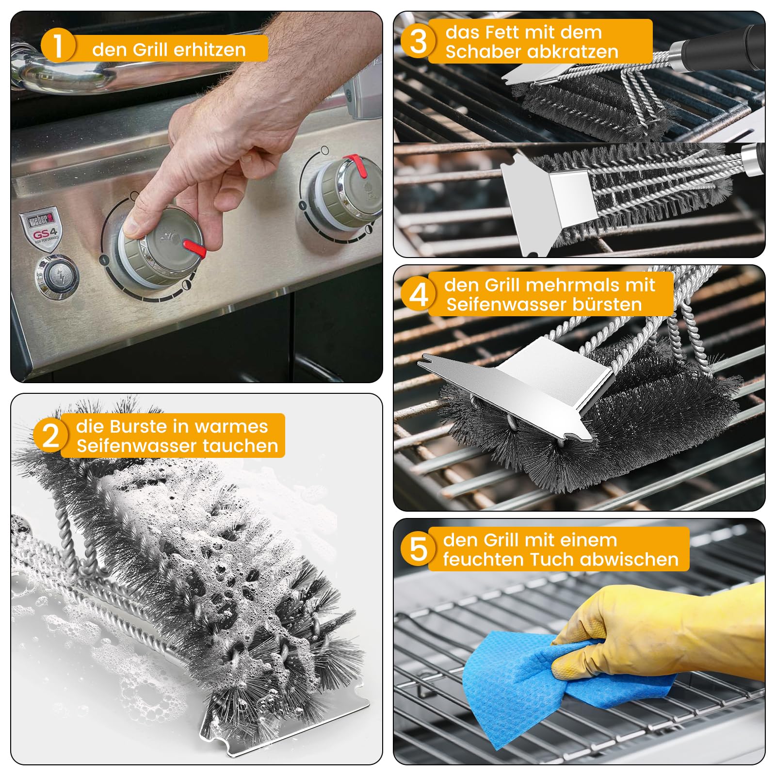 Grillbürste mit Schaber (2 Stück), Grillbürste für Grill im Freien Extra Starke Grillreiniger Zubehör für Grill/Raucher/Gas/Kohle 6