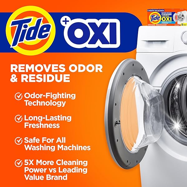 WASHING MACHINE CLEANER BY TIDE, WASHER MACHINE CLEANER WITH OXI FOR FRONT AND TOP LOADER WASHER MACHINES, DEEP CLEANING RESIDUE & ODOR ELIMINATOR, 5 MONTH SUPPLY (PACKAGING MAY VARY)