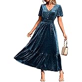 Simplee Womens Fall Velvet Dress Short Sleeve V Neck Floral Maxi Dress Long Formal Winter Wedding Guest Dresses