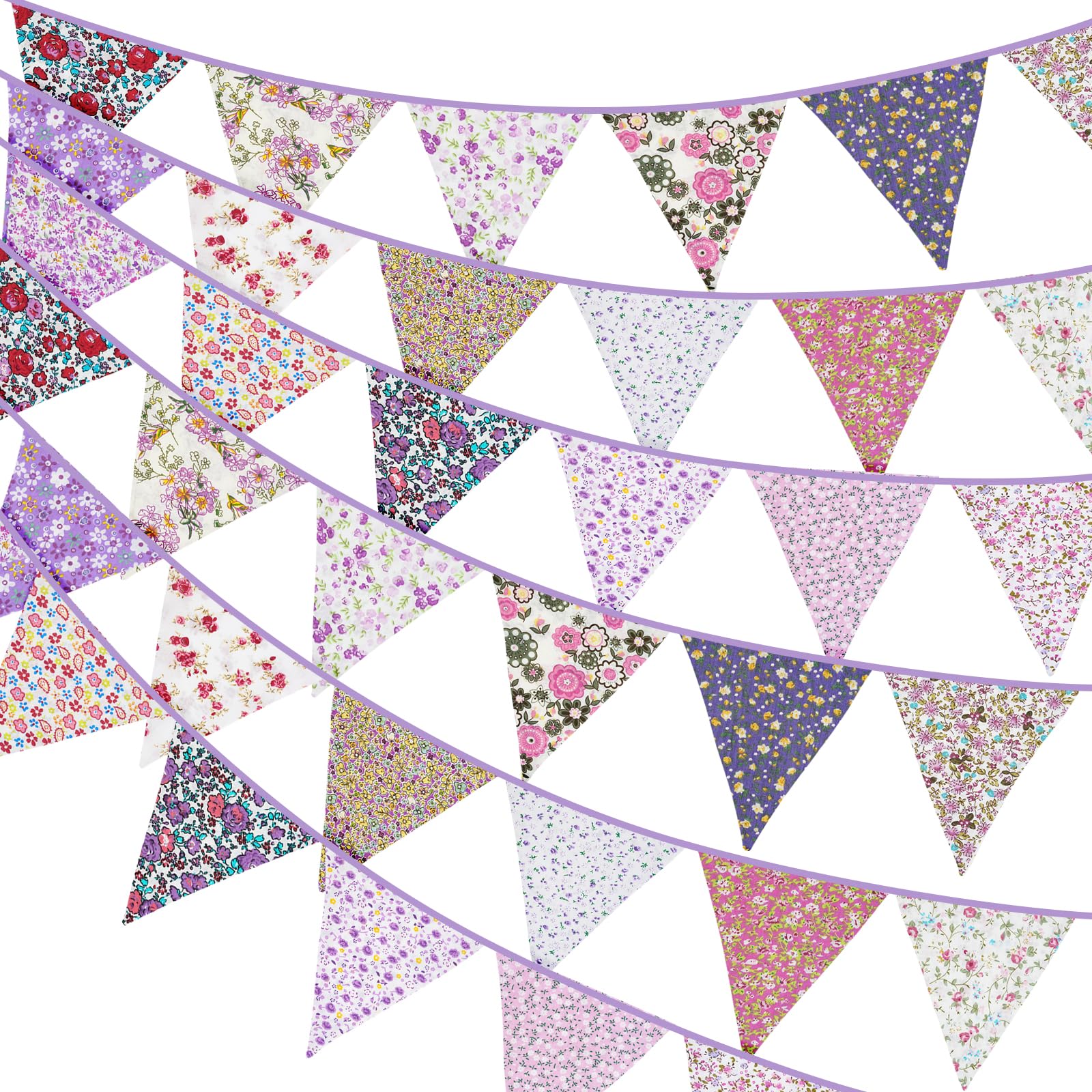 G2PLUS 36PCS Double Sided Fabric Bunting, 10M Purple Floral Cotton Banner, 17x19CM Large Triangle Garland Reusable for Indoor and Outdoor Party Decoration — image 1