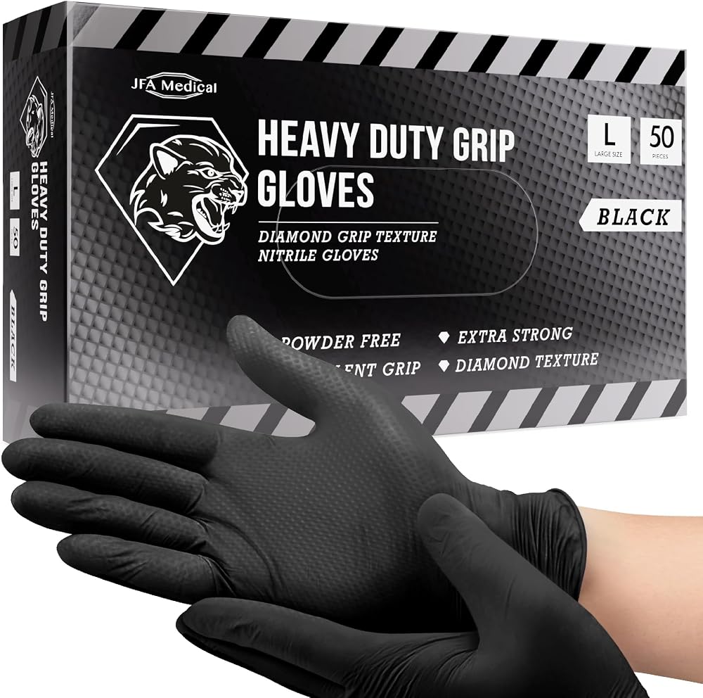 JFA Medical Disposable Nitrile Gloves Black Diamond Grip Large Box of 50