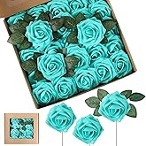 Syhood Artificial Foam Rose Flowers Vintage Fake Roses DIY Bouquets with Leaves and Stems for Wedding Bridal Shower Party Centerpieces Home Romantic Decor(Turquoise,25 Pieces)