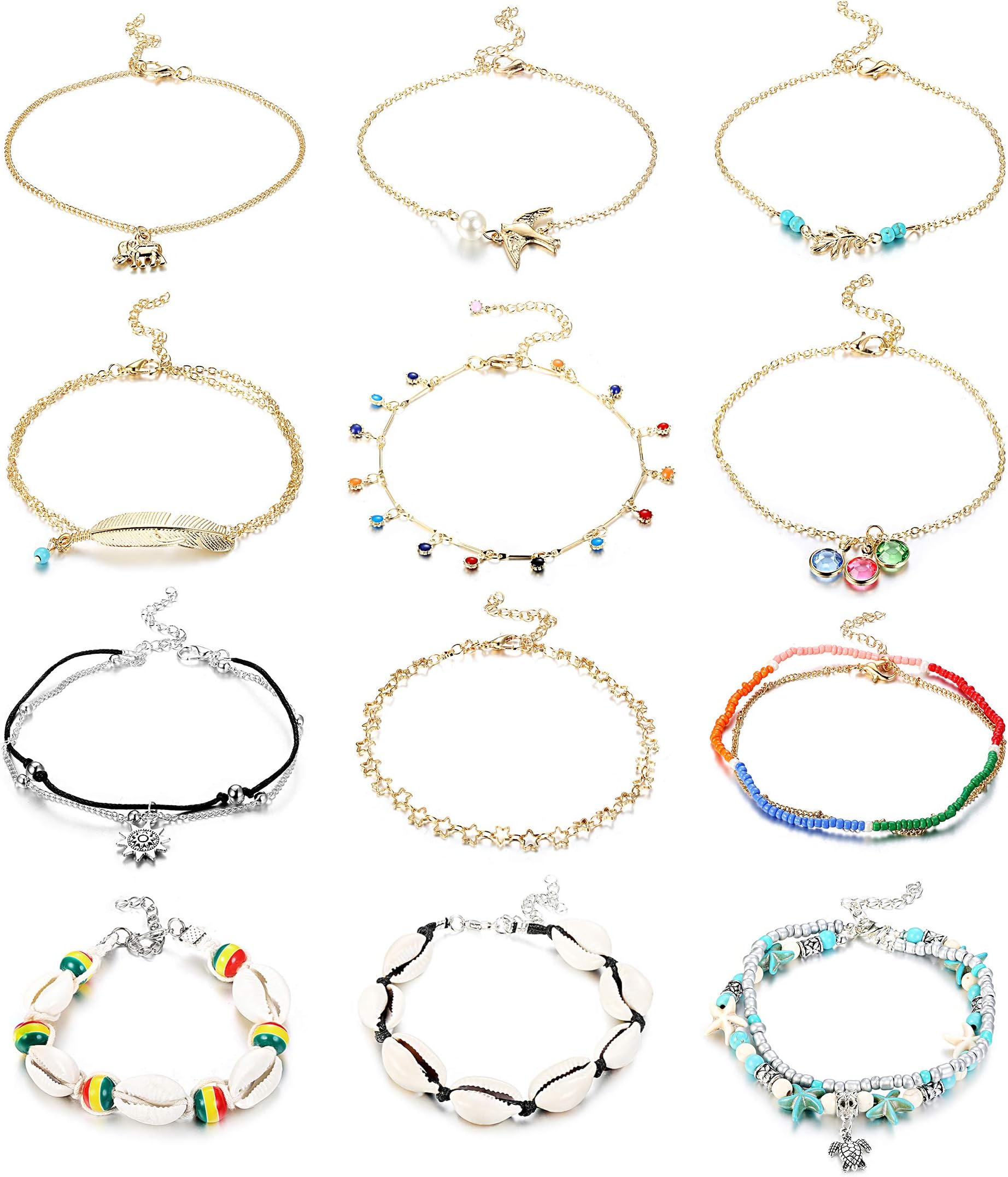 12PCS Ankle Bracelets for Women Anklets Chains Bracelets Foot Jewelry Set, Length 8”~ 9” with 2”Extender Chain