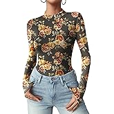 Zeagoo Womens Floral Mesh Long Sleeve Tops See Through Going Out Blouses Mock Neck Sheer Party Outfits Shirts S-XXL