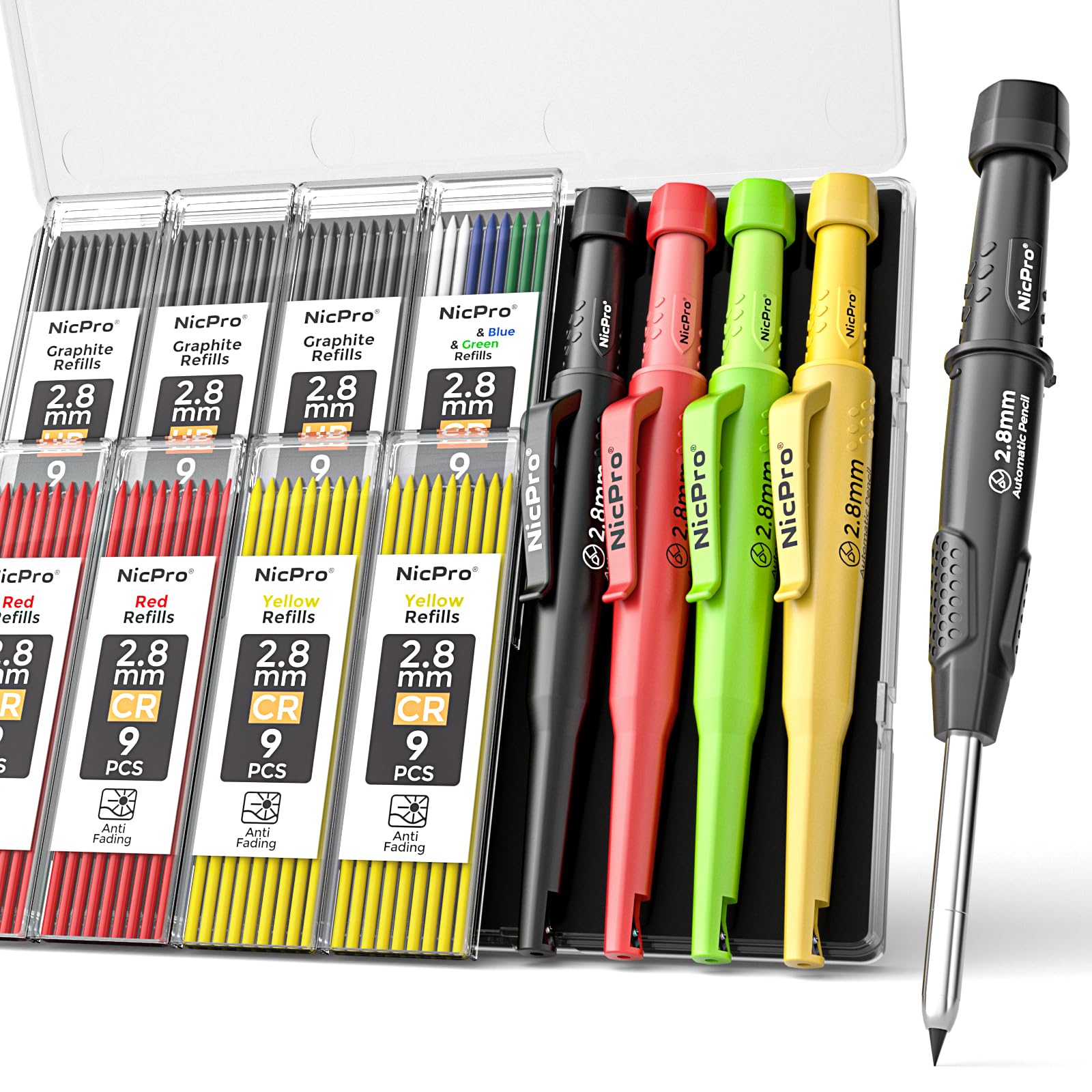 Photo 1 of Nicpro 4 Pack CP3000 Carpenter Pencils with Sharpener, Mechanical Pencil Set with 76 Refills, Heavy Duty Construction Pencil, Carpenter Tools for Working Architect Marking (Red, Black, Yellow, Green)