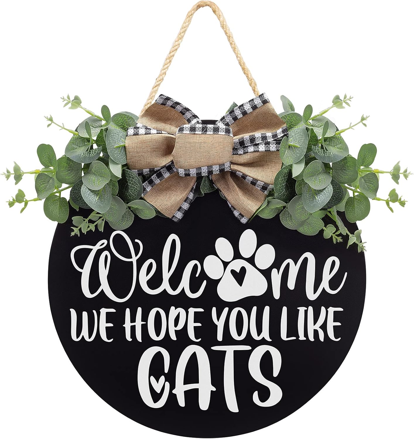 Welcome We Hope You Like Cats Farmhouse Door Sign for Front Door Decor with Eucalyptus Leaves and Buffalo Plaid Bow - Welcome Cats Wreath Sign Door Hanger for Cats Lovers Housewarming Gift Home Decor