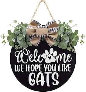 Welcome We Hope You Like Cats Farmhouse Door Sign for Front Door Decor with Eucalyptus Leaves and Buffalo Plaid Bow - Welcome Cats Wreath Sign Door Hanger for Cats Lovers Housewarming Gift Home Decor