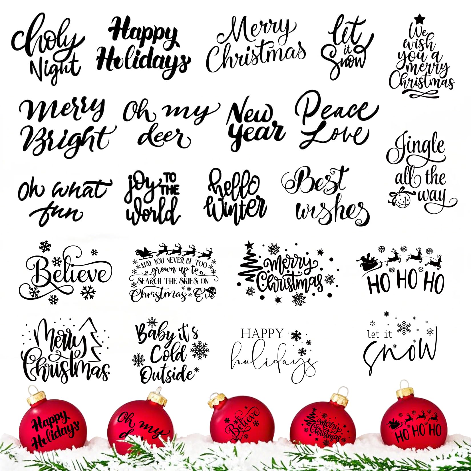 Photo 1 of 110 Pieces Christmas Word Stickers for Crafts Christmas Vinyl Words Waterproof Decals Stickers for Ornaments Card Ball Wood Glass Jars Bottle Holiday Decor (black110)
