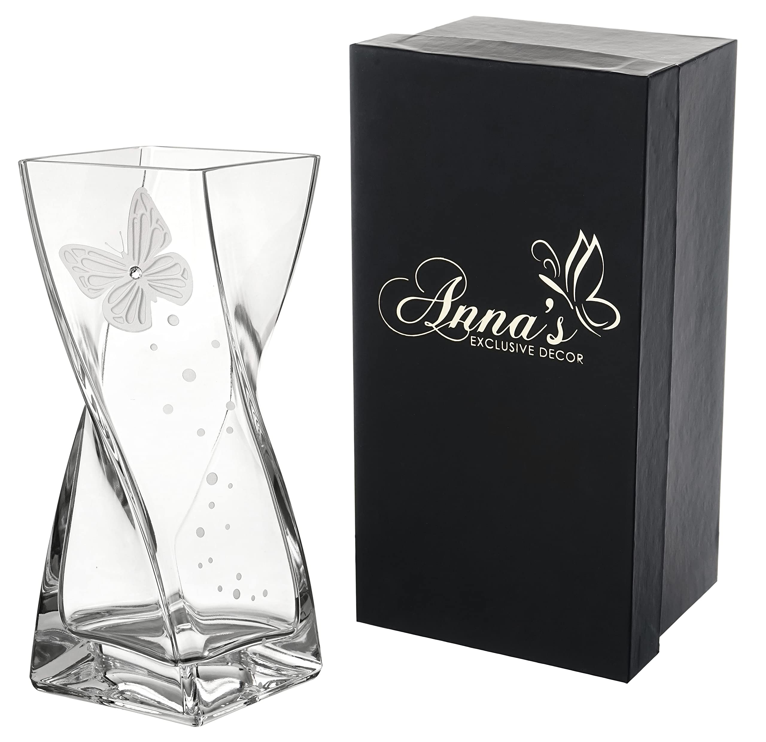 Butterfly Vase - Mouth Blown Glass Vase - Decorated with Premium Crystal and Etched Butterfly – Clear Square Ornament - Gift Boxed - 20 cm (7.9 in)