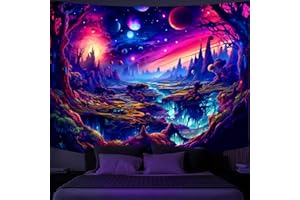 Simpkeely Fantasy Planet Tapestry, Blacklight Forest Natural Landscape Retro Aesthetic Wall Hanging, UV Reactive Sunset Trees