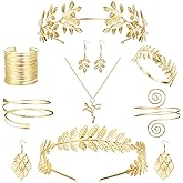 Florideco 9 Pcs Greek Goddess Costume Accessories Set for Women Golden Laurel Leaf Crown Headband Upper Arm Cuff Coil Bracelet Pearl Leaf Dangle Earring Bridal Wedding Headpiece Toga Costume Jewelry