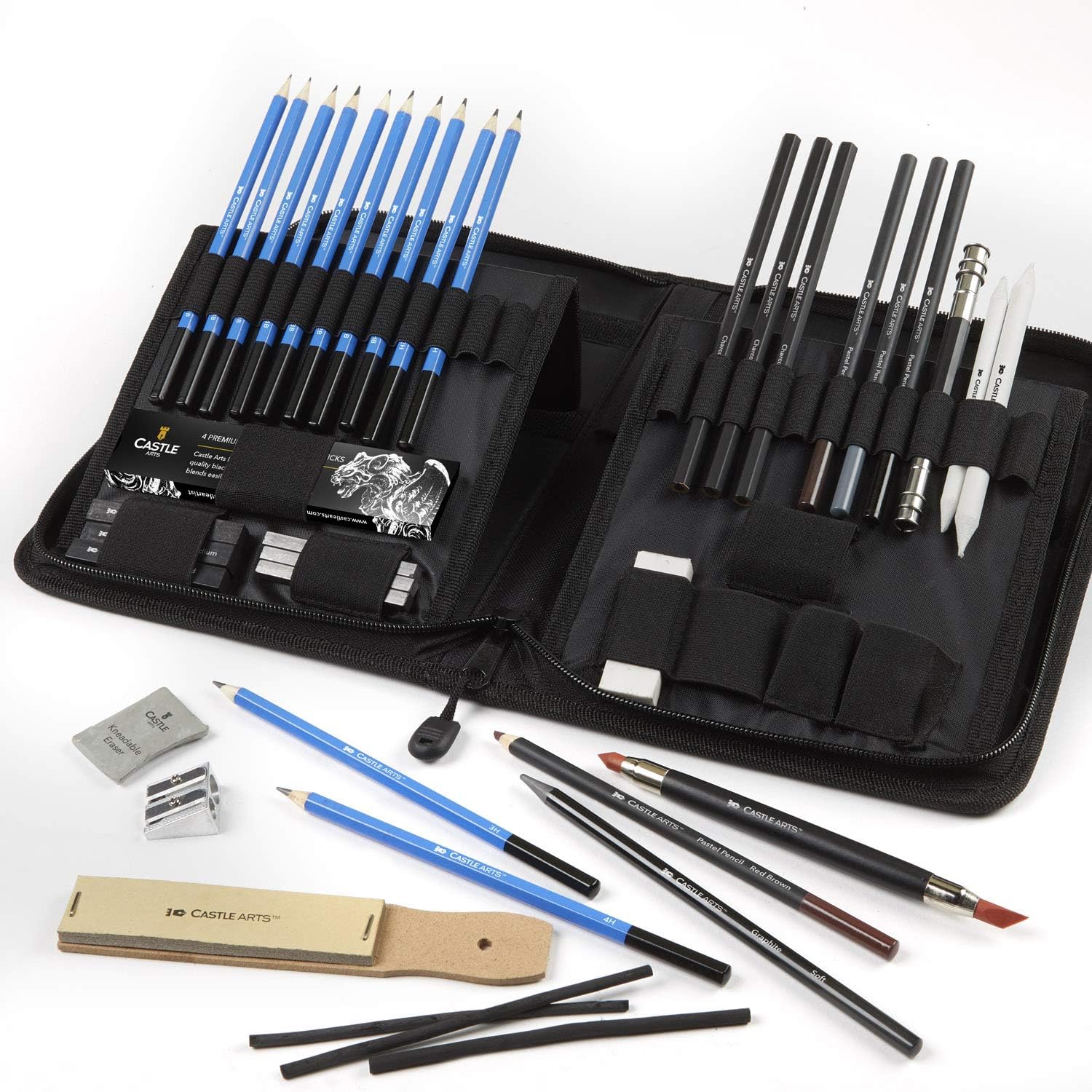 Castle Art Supplies Graphite Drawing Pencils and Sketch Set (40-Piece Kit), Complete Artist Kit Includes Charcoals, Pastels and Zippered Carry Case, Includes Rare Pop-Up Stand