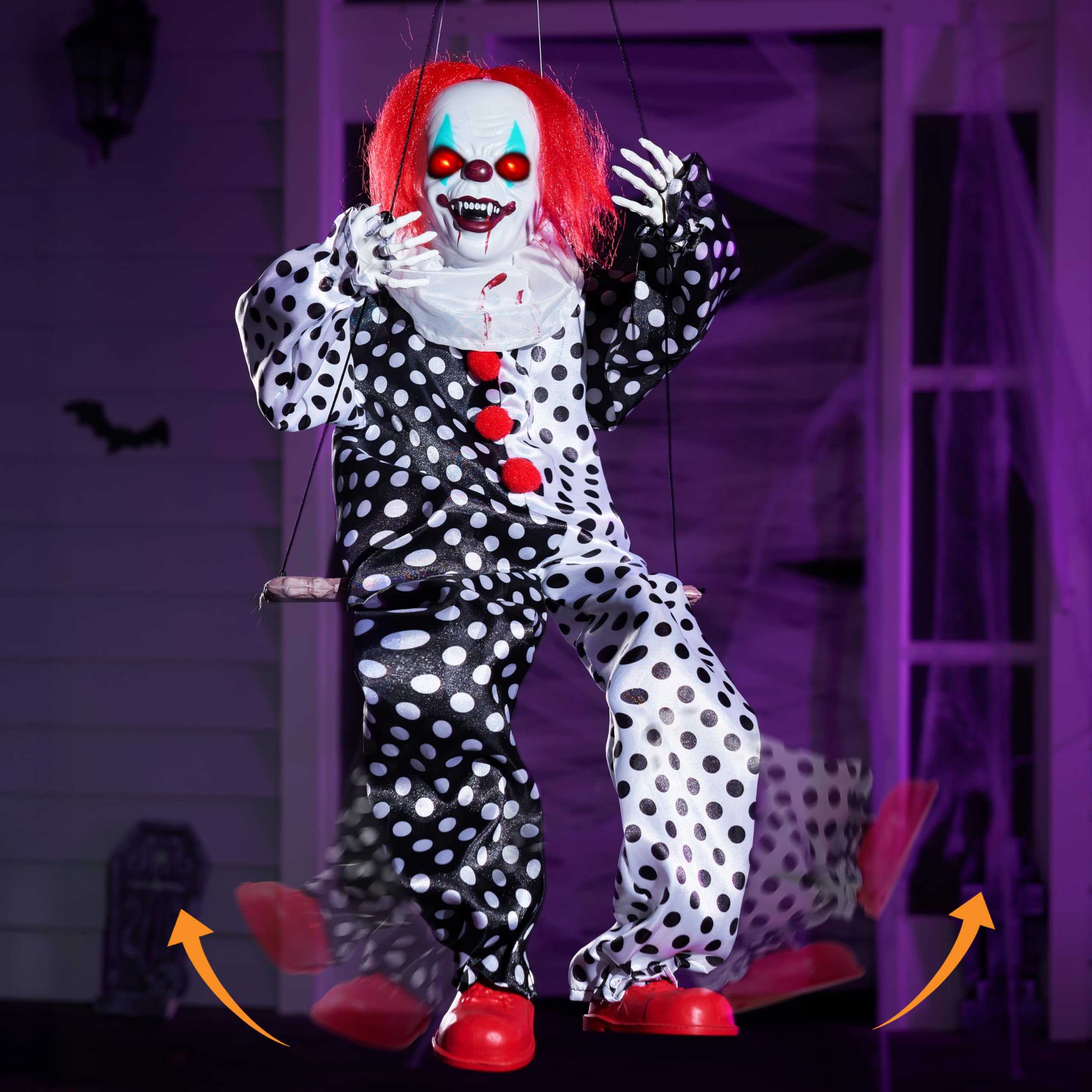 Photo 1 of JOYIN Scary Halloween Decorations Outdoor, Halloween Hanging Swinging Animatronic Clown with Scary Sound and Moving Body, Sound Activated Outdoor Swinging Ghost with Light Up Eyes for Indoor Outside