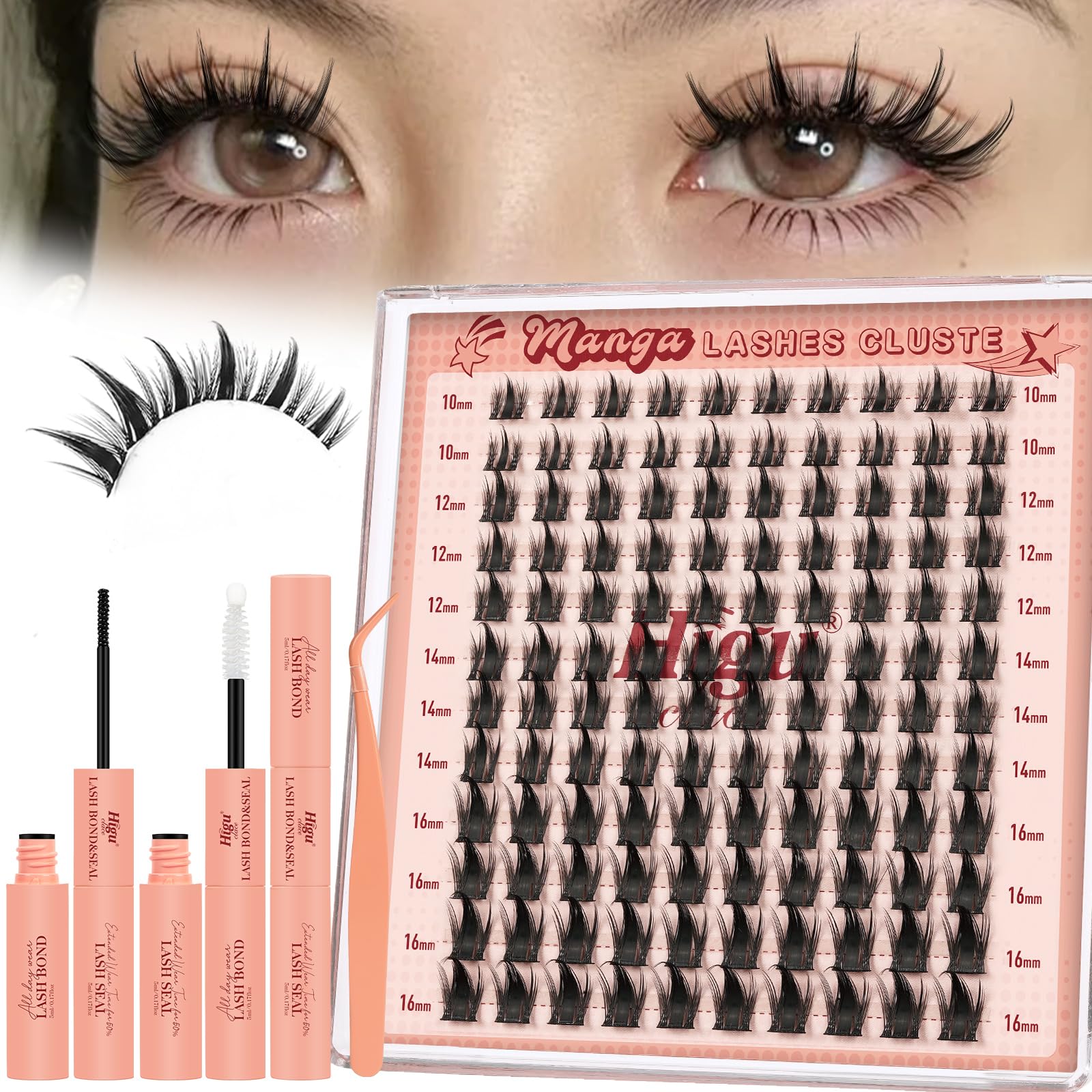 Higu Clace Manga-Lashes-Cluster Kit, Wispy Lash-Cluster Japanese Style DIY Lash Extensions Kit 10-16mm, D Curl Individual Cluster Lashes Kit with Lash Bond and Seal and Tweezers(Manga10-16 Kit) — image 1
