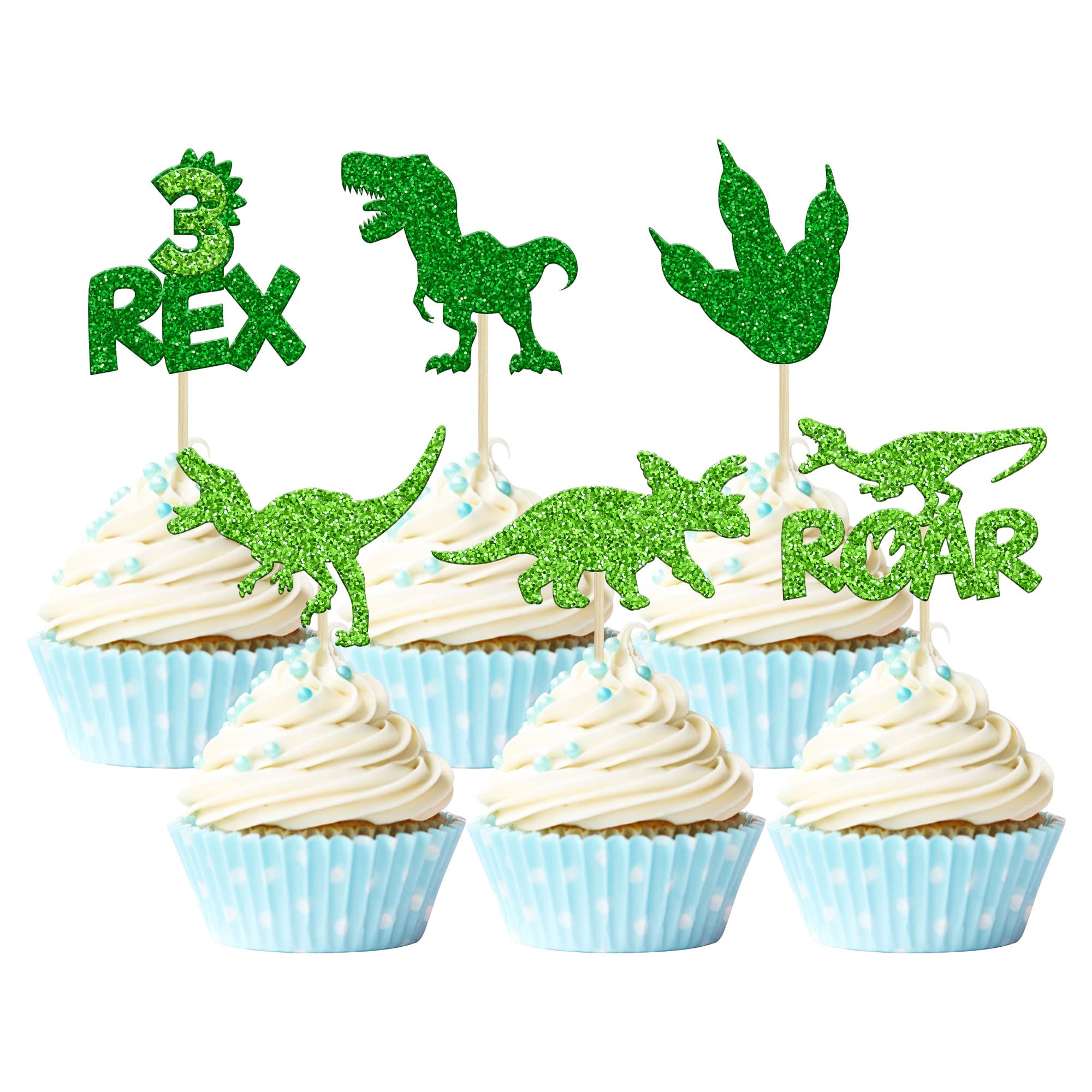 Gyufise 24Pcs Dinosaur Cupcake Toppers Green Glitter 3 Rex Roar Dinosaur Cupcake Picks Three Years Old Dino Theme Baby Shower Third Birthday Party Cake Decorations Supplies