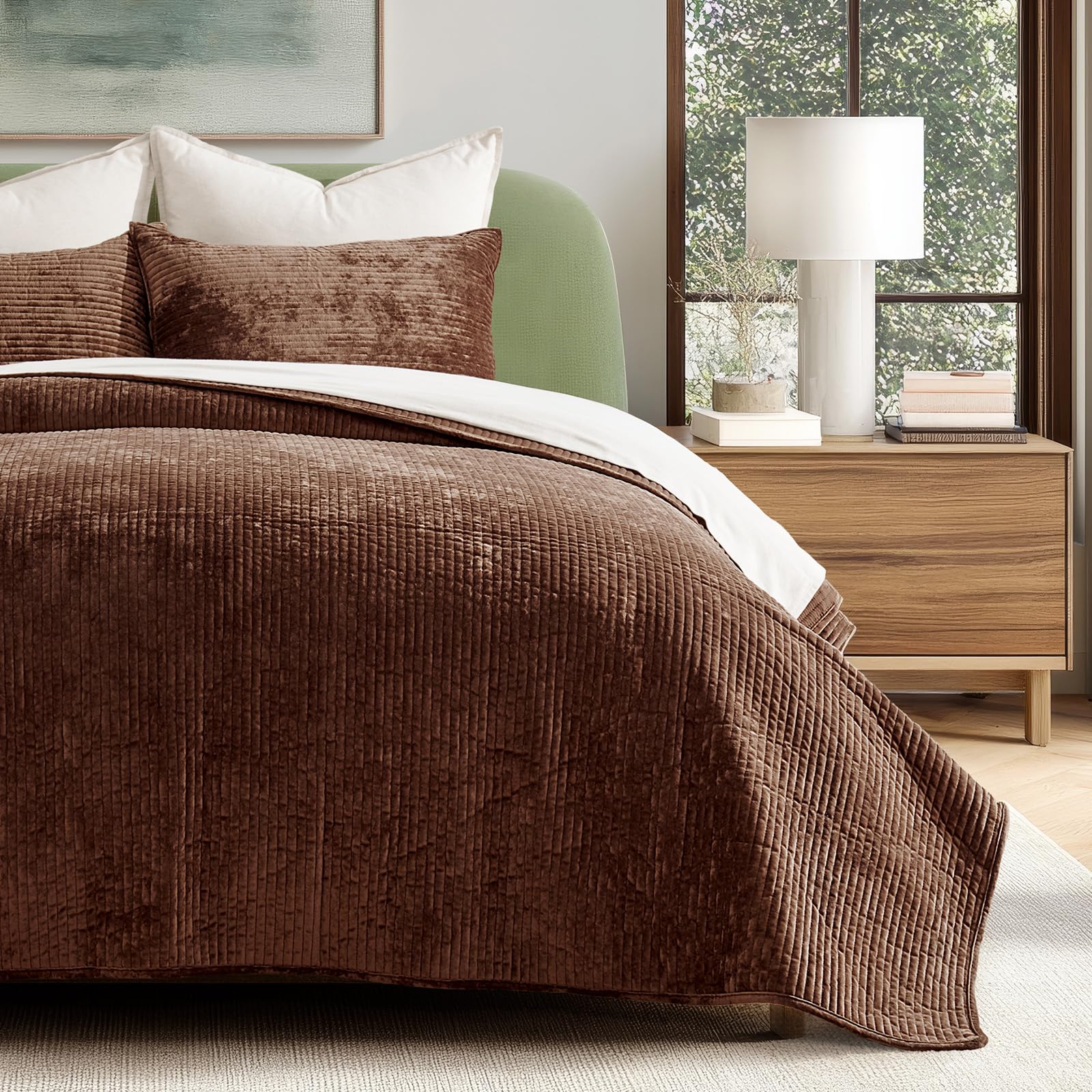 EVERGRACE Velvet Quilt Set Queen Size, Luxurious Soft Quilted Bedding Sets, Lightweight Velvet Comforter for All Season, Striped Channel Bedspread Coverlet with 2 Shams, Rust Brown Image