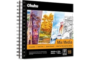 Ohuhu Mix Media Pad, 8.9"x8.3" Mixed Media Art Sketchbook, 120 lb/200 GSM Heavyweight Papers, 62 Sheets/124 Pages, Spiral Bound Mix Media Paper Pad for Acrylic, Painting, Christmas Gift