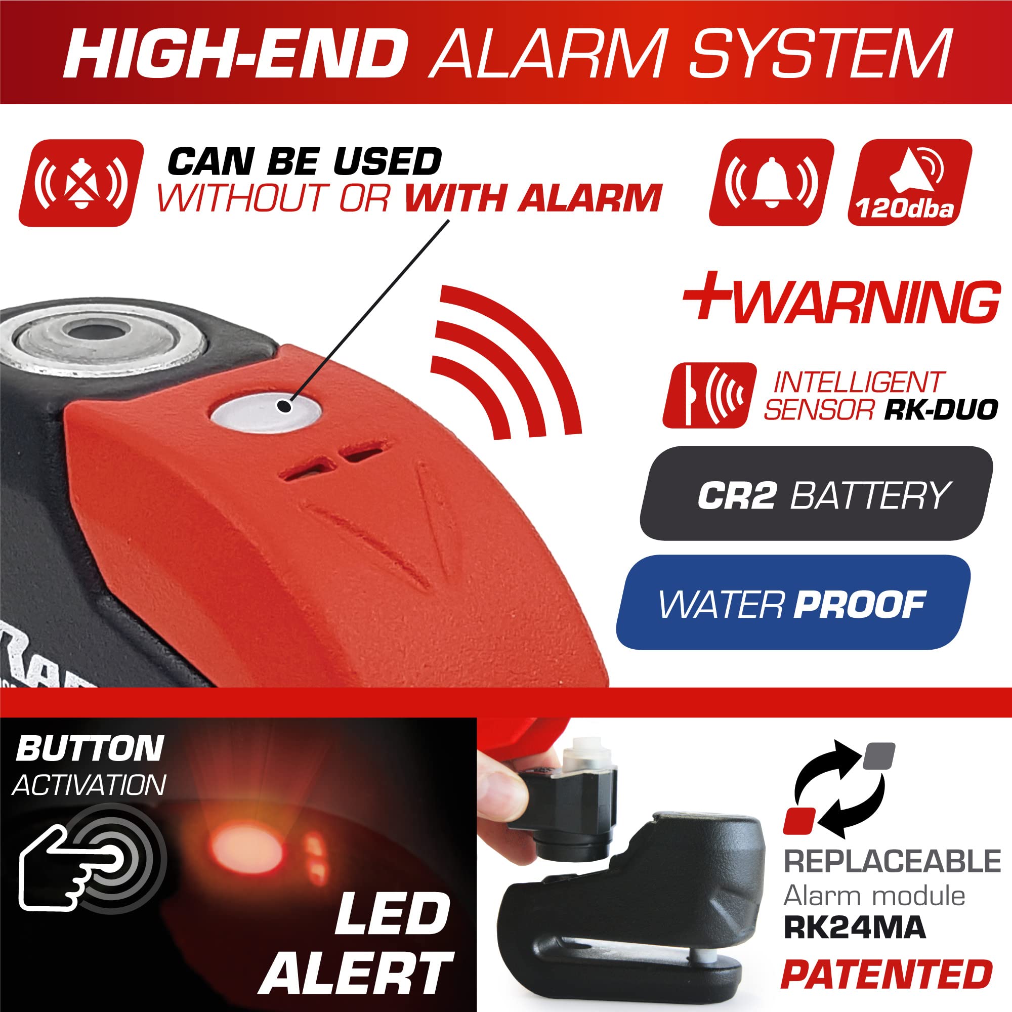 RADIKAL RK10 Premium Motorcycle Alarm Disc Lock 120dB, ON/Off Button Activation Warning LED, SRA Approved, Double Locking 10mm Hardened Steel, High Security Anti Theft Wheel Brake Lock for Motorbike