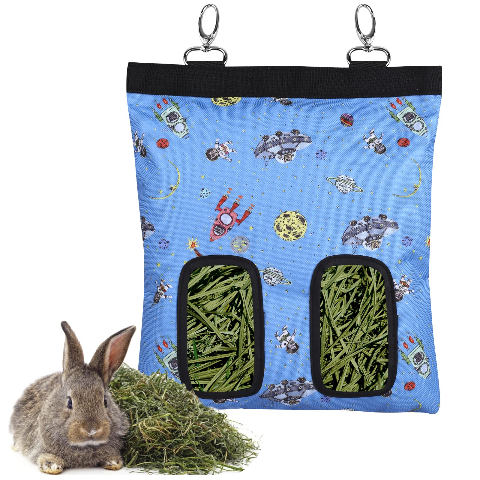 Rabbit Hay Feeder Bag Guinea Pigs Hanging Hay Rack Manger Holder Dispenser Small Animal Feeder Storage Pouch for Bunny Chinchilla Hamster (2 Windows, Pattern Blue)