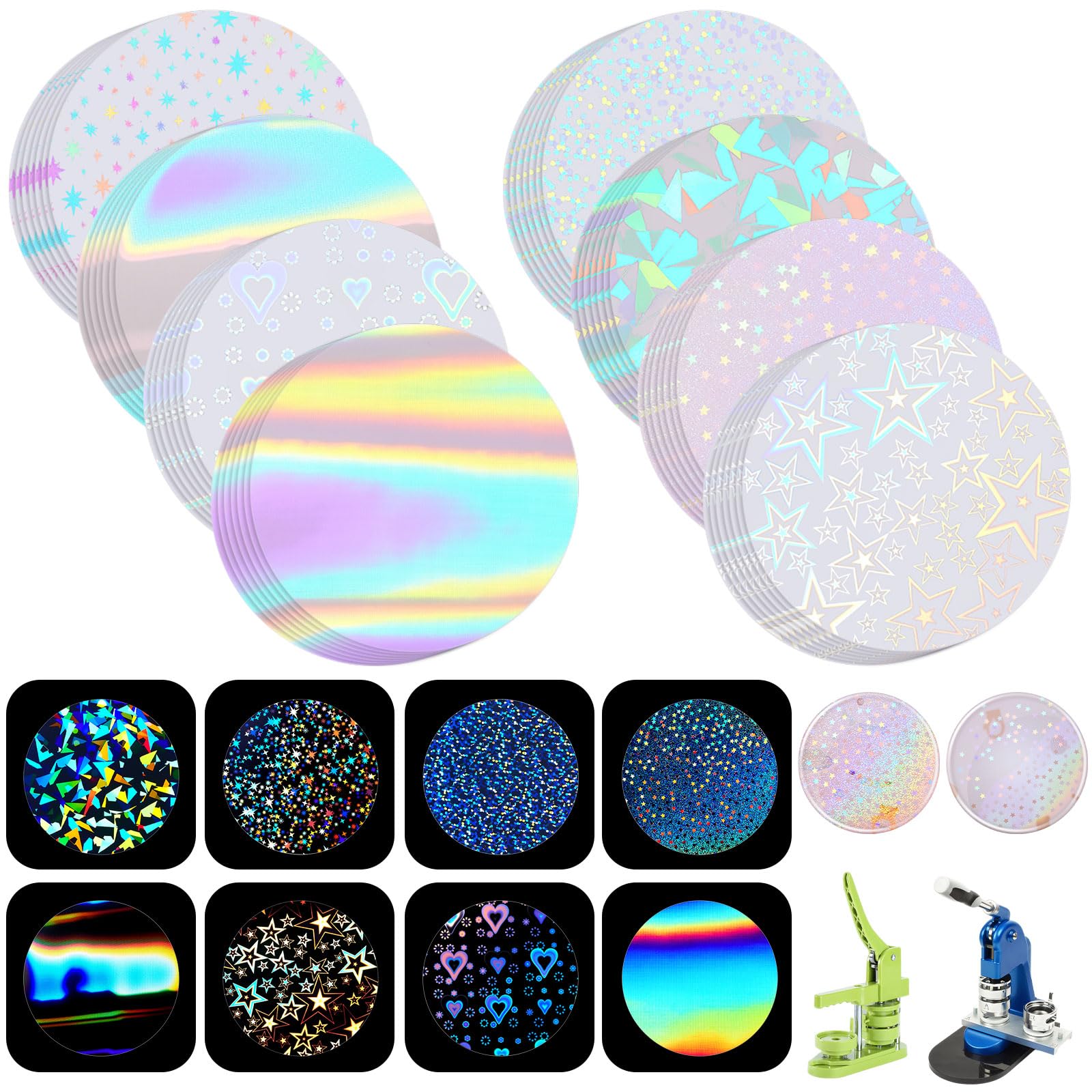 View 1 of 200 Pcs Badge Protective Film 70mm (2.76 in), 8 Styles of Holographic Glitter, Badge Film for 2.25 Inch 58mm Button Maker Machine, 58mm Button Making Supplies